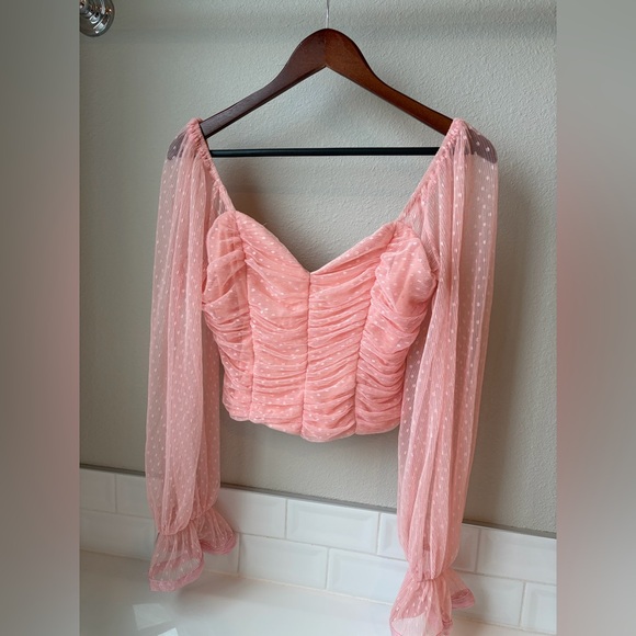 A Peach Tops - Elegant Pink Ruched Blouse with Sheer Sleeves